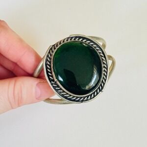 VTG BOHO cuff bracelet statement chunky Green poured Glass silver over brass 60s